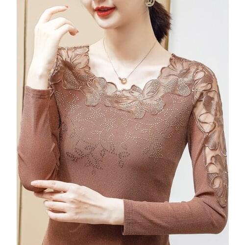 Autumn 2021 New Womens T-Shirt Fashion Casual Long Sleeve Hollow Out Lace Shirt Elegant Embroidered 5XL Plus Size Lady Tops
