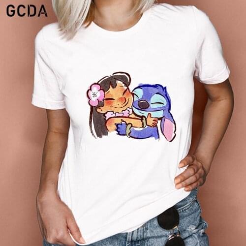 Disneys Lilo Hugs Stitch Women T-shirts Funny Cute Fashion Trend Top Lady Tshirt Female Ladies Print Graphic Tee T-Shirt