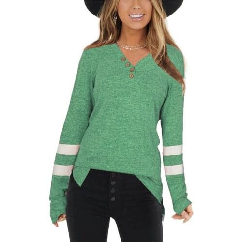 2021 Womens T-Shirt Casual Stripe Splicing Long Sleeve Buttons V-Neck Shirt Loose Knitwear Tops Spring and Autumn