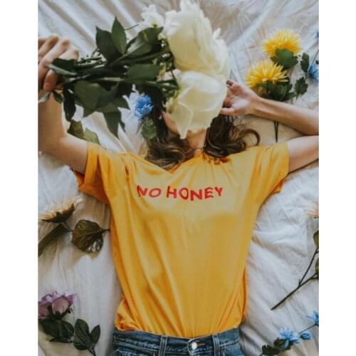 No Honey Yellow T-shirt New Casual Summer Crewneck Letter Print Cotton Tshirt Vintage Women Hipster Grunge Tee Top Drop Shipping