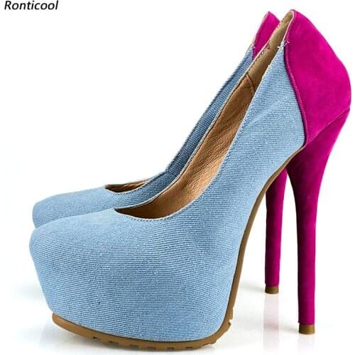 Ronticool Handmade Women Platform Pumps Denim Stiletto Heels Round Toe Pretty 9 Colors Party Shoes US Plus Size 5-20
