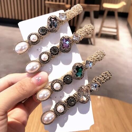Retro Green Crystal Hairpins Korean Pearl Rhinestone Hair Bow Clip Pin Luxury Jewelry Girls Hair Accessories for Women Headpiece