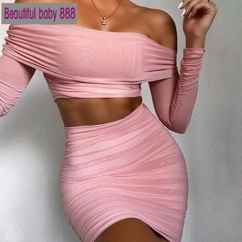 Meqeiss 2020 New Autumn Mesh Draped Women Sets Off Shoulder Long Sleeve Crop Top and Skirts 2 Piece Set Outfit Matching Sets
