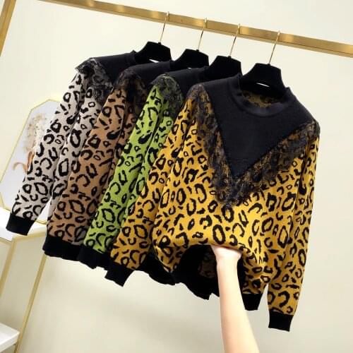 2020 Leopard Printed Sweater patchwork lace Women Fashion Long Sleeve Sweaters Sexy O-neck Loose Knitted Pullovers Streetwear