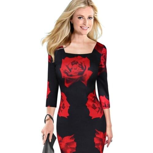Women Elegant Pencil Dress 2020 Summer Three Quarter Sleeve Party Plus Size Poeny Print Dress Women