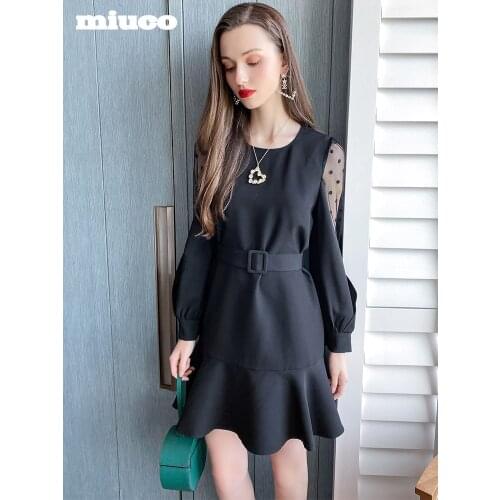 Polka Dot mesh stitching round neck belt waist Ruffle Dress womens wear 2021 High Quality Top Quality