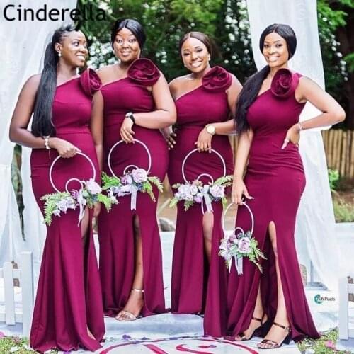 Burgundy Bridesmaid Dresses One Shoulder Floor Length Sweep Train Silk Satin Side Slit Mermaid Wedding Party Bridesmaid Dresses
