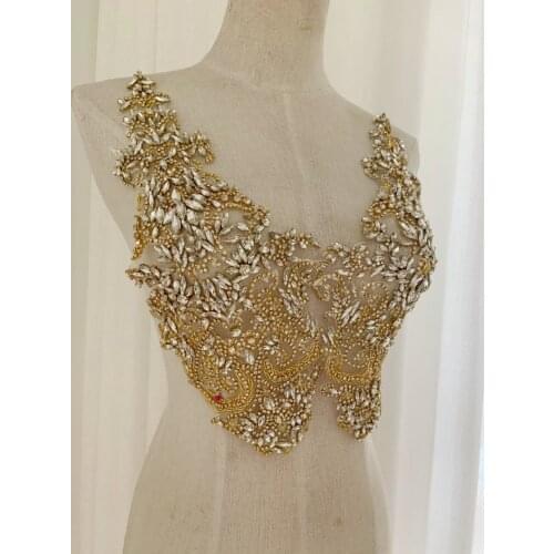 Gold French Bead Applique Crystal Bodice Patch Heavy Bead Applique For Couture WK201203