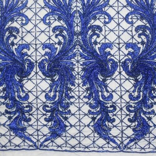 2021 High Quality Roal Blue Sequin Bridal Lace Embroidery Fabric for wedding Dress HY1352