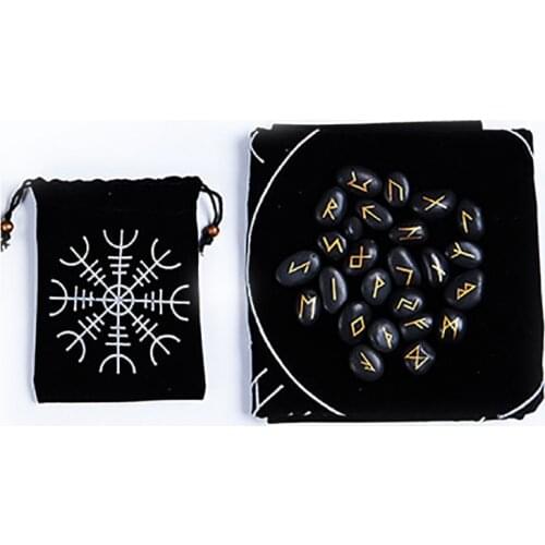 25pcs/set Runes Stones with BlackTablecloth/Bag Engraved Riverstones Carved Black Lettering Feng Shui Board Game Accessory