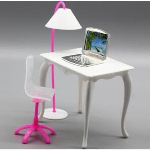 4pcs/set Lamp + Computer + Table + Chair Baby Toy Miniature Furniture Doll Role Playing Props Worktable Table Doll Accessories