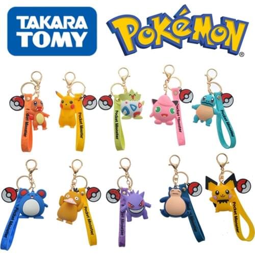Pokemon Anime Figure Pikachu Charmander Gengar Psyduck Wait Silica Gel Metal Figures Toys Car Keychain Or Bag Pendant Gift