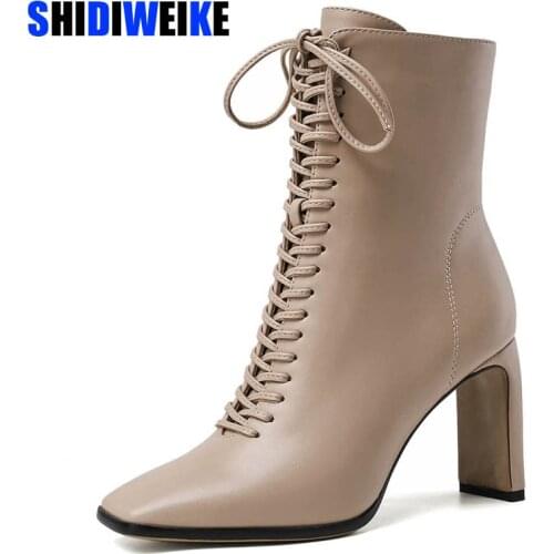 New Women Leather Boots Fashion High Heels Shoes Winter Lace Up Woman Boots Square Toe Ankle Boots Female Shoes Heels