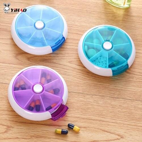 YiHAO 7-square Round Rotating Pill Box Stud Ear Plastic Box Travel Portable Mini One-week Fructose Pill Storage Box