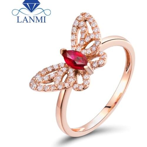 LANMI Solid 18Kt Rose Gold Marquise Cut Red Ruby Diamond Wedding Rings Butterfly Shape Jewelry for Women Anniversary