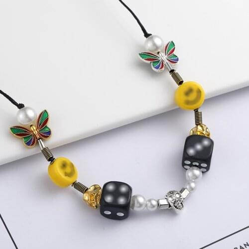 Multi-element Pearl Dice Skull Smiley Necklace Mens Hip-hop Style Couple Gift Butterfly Bracelet for Men and Women Friends