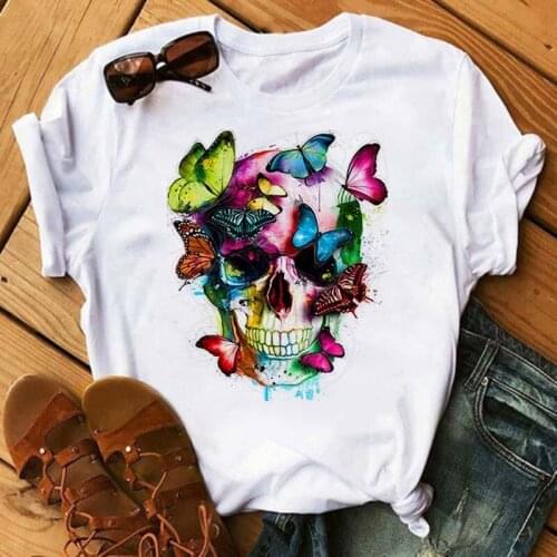 Fashion Women T-shirts Cartoon Skull Butterfly Summer 90s Clothes Summer Short Sleeves Tshirt Top Lady Print Girls Tees T-Shirts