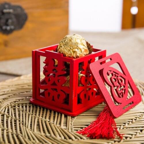 New Red Wood Candy Gift Box Chinese Double Happiness Wedding Favor Boxes Party Decoration