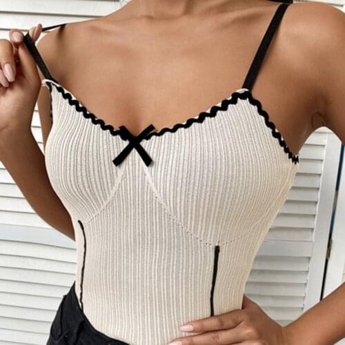 New Sleeveless Crop Vintage Pinstripe Corset Tops Women Sexy Bow Lace Patchwork Cute Camisole Harajuku Vest Tees