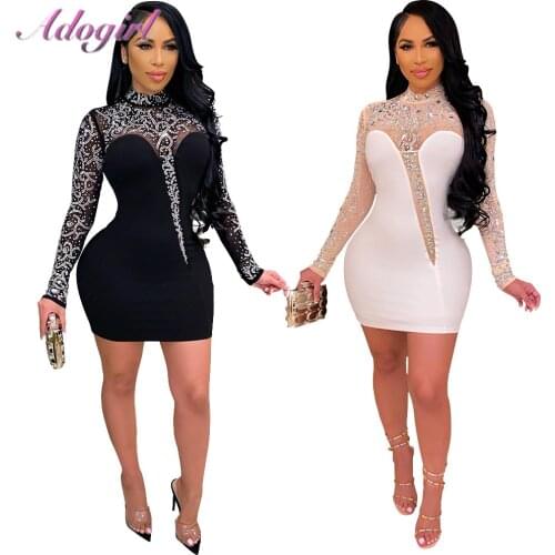 Sexy Sheer Mesh Diamond Patchwork Evening Party Club Bodycon Mini Dress Women 2021 Spring Elegant See Through Dresses Vestidos
