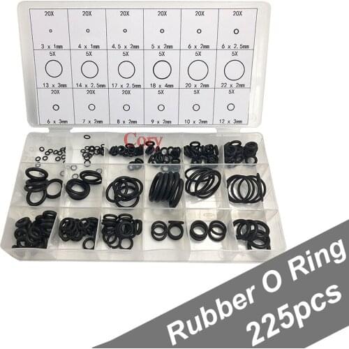 225pcs/box O Ring Black Rubber O-Ring Assortment Washer Gasket Sealing Ring Watertightness Different Size With Plactic Box Kit