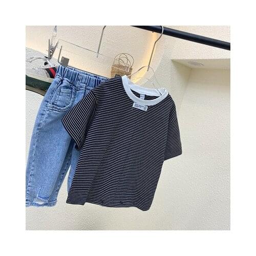 Korean Childrens Cotton T Shirt Baby Boys and Girls Summer New T-shirt Striped Short-sleeved Top Tees Baby Boy Summer Top 3-8Y