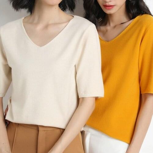 Women Summer T Shirt Knitted Casual Short Sleeve Tee Top V-Neck Loose Kintwear Basic Female Tshirt