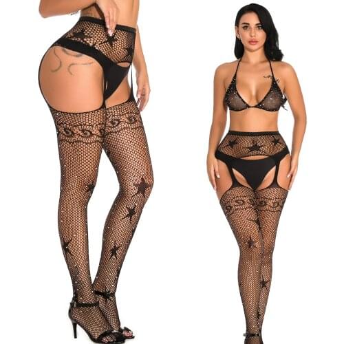Women Tights With Rhinestones Sexy Patterned Tight High Waist Stocking Transparent Lingerie Mesh Fishnet Pantyhose Crotchless