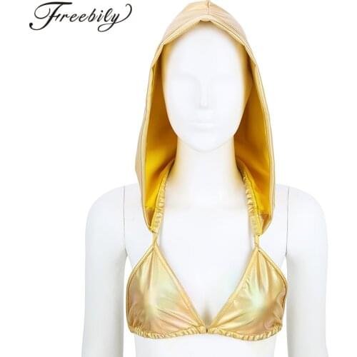 Women Shiny Metallic Deep V Neck Backless Hooded Bikini Bra Crop Top Club Performance Pole Dance Tops Festival Rave Costume