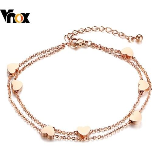 Vnox Elegant Heart Love Charm Bracelets for Women Double Chain Rose Gold Color