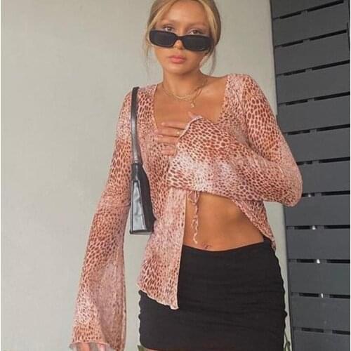 Womens Casual Trumpet Sleeve Tie-up Cardigan Fashion Leopard Print V-neck Casual Coat