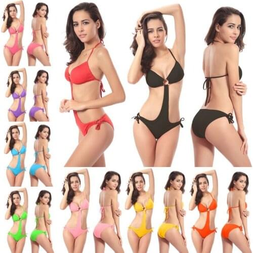 Women Swimsuit Solid Strap One Piece Bikini Bodysuit Bikini Lady Swimwear Micro Thong Beachwear Backless Biquini with Chest Pad
