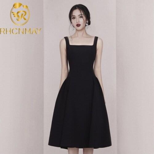 2020 New Arrivals Summer Office Lady Sling Square Neck Retro temperament Backless Women Party Club A Line Midi Black Dress