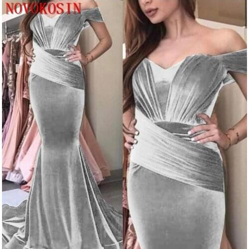 2019 New Velvet Pleated Floor Length Party Dress Mermaid Formal Prom Dresses Off Shoulder Evening Gown With Small Train