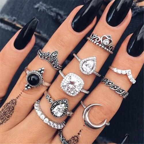 Ancient 11 pieces / set of vintage punk antique flower carving mini finger ring women bohemian knuckle set jewelry