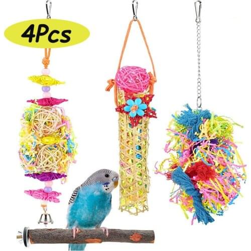 4PCS Bird Toy Parrot Perches Stand Hanging Bamboo Woven Cage Accessories With Rattan Ball Shredder Foraging Swing Toy For Parrot
