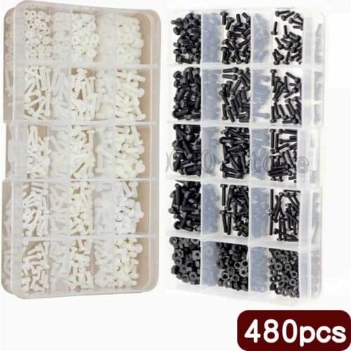 480pcs M2 M2.5 M3 Metric Threaded Black White Nylon Plastic Phillips Pan Head Cross Round Screw Bolt Hex Nuts length 6mm-12mm