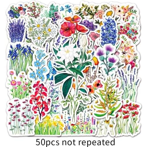 50PCS Ins Style Colorful Flowers Stickers Gift Girl Plant Flower Blooming Decal Sticker To DIY Stationery Phone Laptop Bicycle