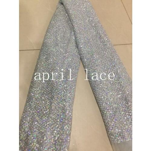 Fast ship 5yards/bag AA152 # shining silver dot dobby african glued glitter hand print tulle net mesh flower fabric for wedding