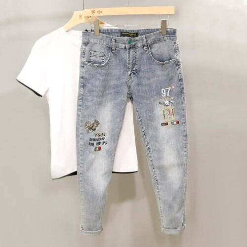 Embroidered Jeans Mens Autumn New Spiritual Society Guy Light Blue Ninth Pants with Small Feet Men Clothing Cargo Pants Men