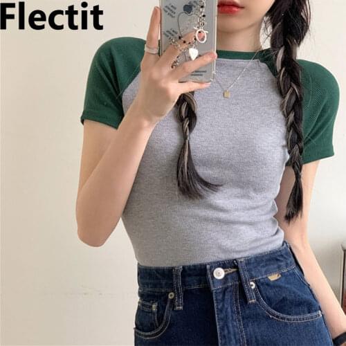 Flectit Crop T Shirt Ribbed Cotton Crew Neck Short Sleeve Tee Summer Casual Womens T-shirt Student Girl Streetwear