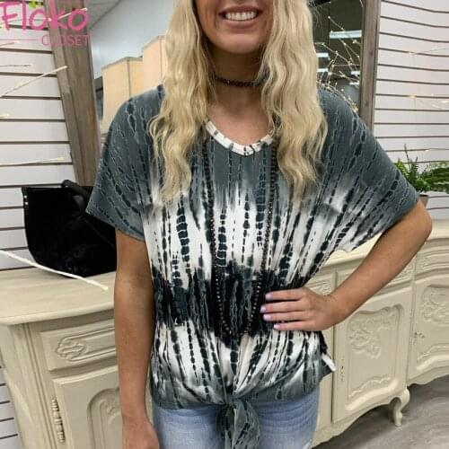 Flokocloset Tie Dye Print V-Neck T-shirt Summer Loose Women Short Sleeve Tee Casual Oversized T Shirt Pullover Streetwear
