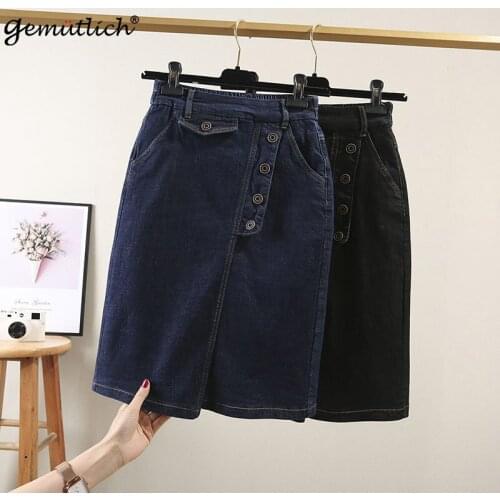 Gemutlich Women S-9XL Denim Skirt Jeans Elastic Waist Office Lady Asymmetrical Skirt Button for Spring Summer 2021 New