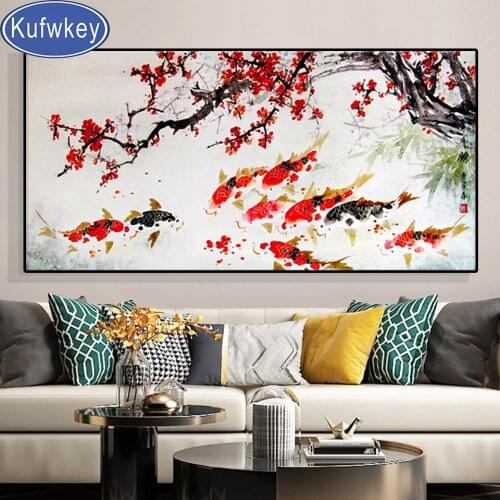 Chinese Lucky Koi Plum Red Flower Pintura diamond painting square round diamond embroidery drill mosaic cross stitch Home Art