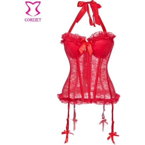Red Transparent Floral Lace Padded Bra Push Up Corset Sexy Lingerie Bustier Gothic Halter Top Victorian Corsets and Bustiers