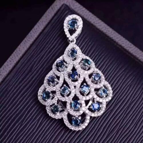 Natural blue sapphire pendant S925 silver Natural gemstone Pendant Necklace trendy Elegant fan Phoenix tail women party jewelry