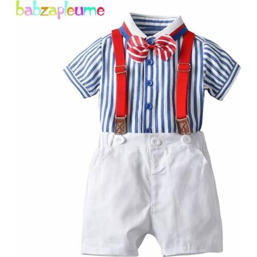 3Piece/Summer Children Clothes Fashion Gentleman Stripe Baby Boys T-shirt+White Shorts+Strap Boutique Kids Clothing Sets BC1767