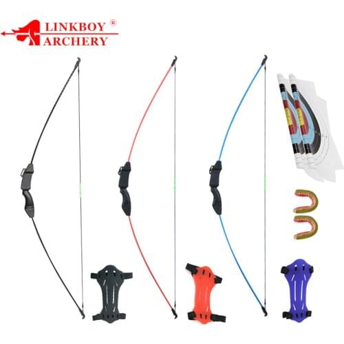 Linkboy Archery Child Recurve Bow Longbow 15lbs Toy Youth Set Kids Bow with Arm Finger Guard Bow String for Gaming Practice Gift