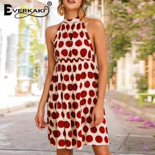 Everkaki Dot Print Mini Dresses Women Halter Backless Sexy Evening Party Summer Beach Oversize Elegant Boho Dress Female 2021