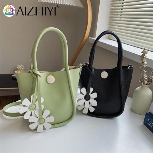 Fashion Women PU Leather Solid Color Flower Pendant Shoulder Crossbody Messenger Bag Casual Ladies Top-handle Bucket Handbags